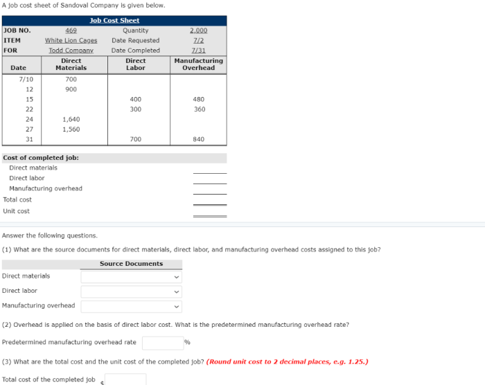 A job cost sheet of sandoval company is given below